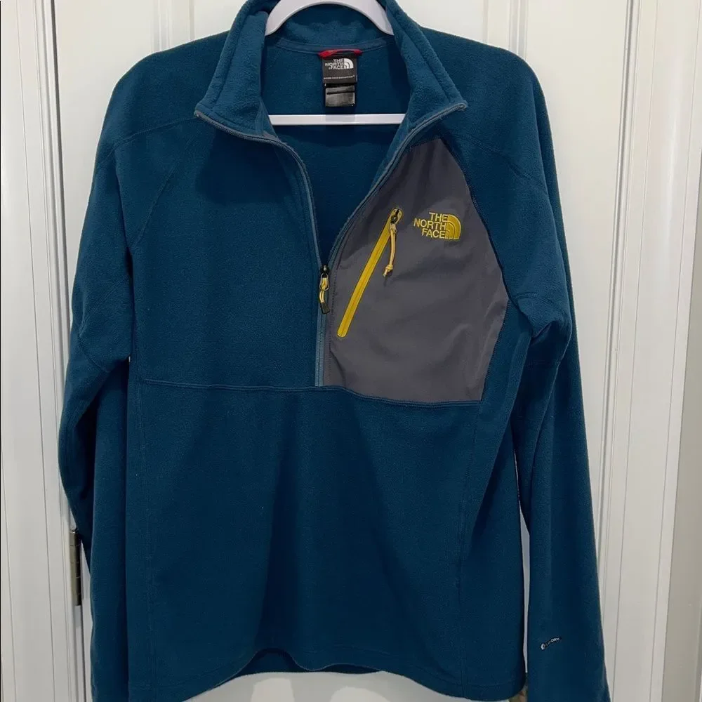 North Face Green Blue 1/4 fleece t neck LS Mens sweatshirt sweater L Flashdry